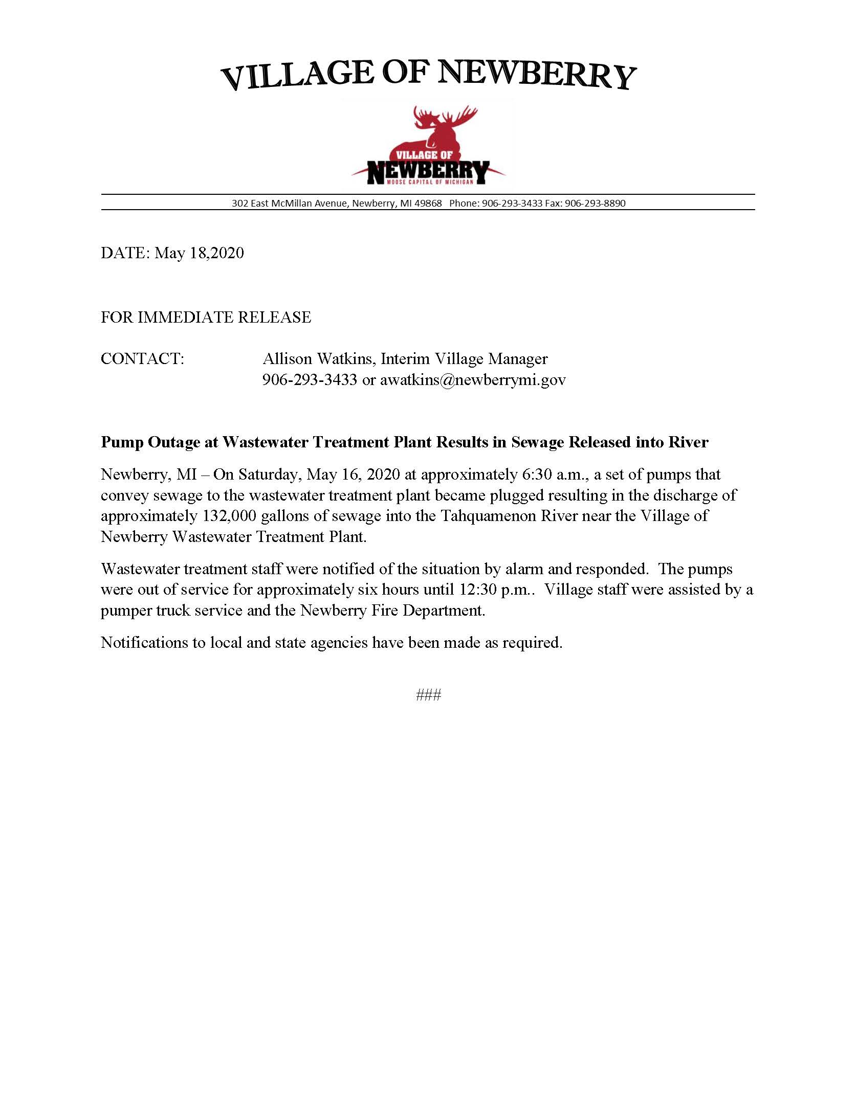 Press Release - Wasterwater Treatment Plant Sewage Pumps May 2020